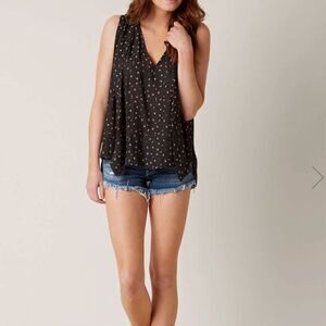 Free People Small Black Sleeveless Floral Blouse Top V-Neck Tie High-Low Hem